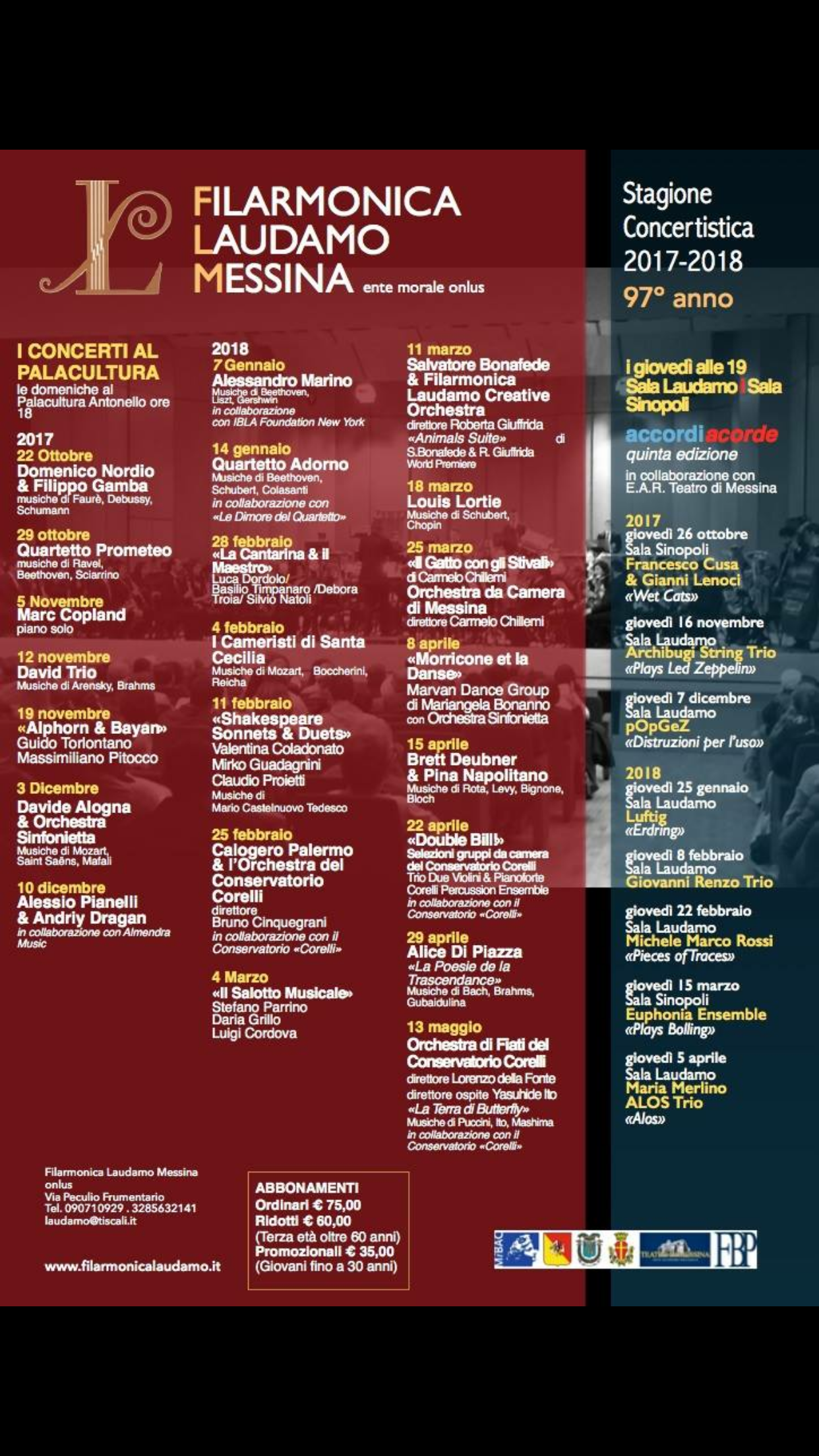 Stagione Concertistica Filarmonica Laudamo Messina 2017-2018 — programma completo